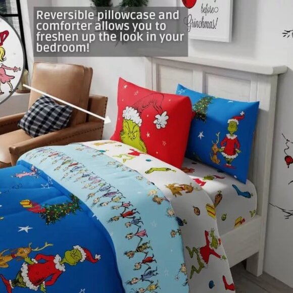 NEW Dr Seuss The Grinch 5 Piece Twin Size Comforter & Sheet Set - Reversible